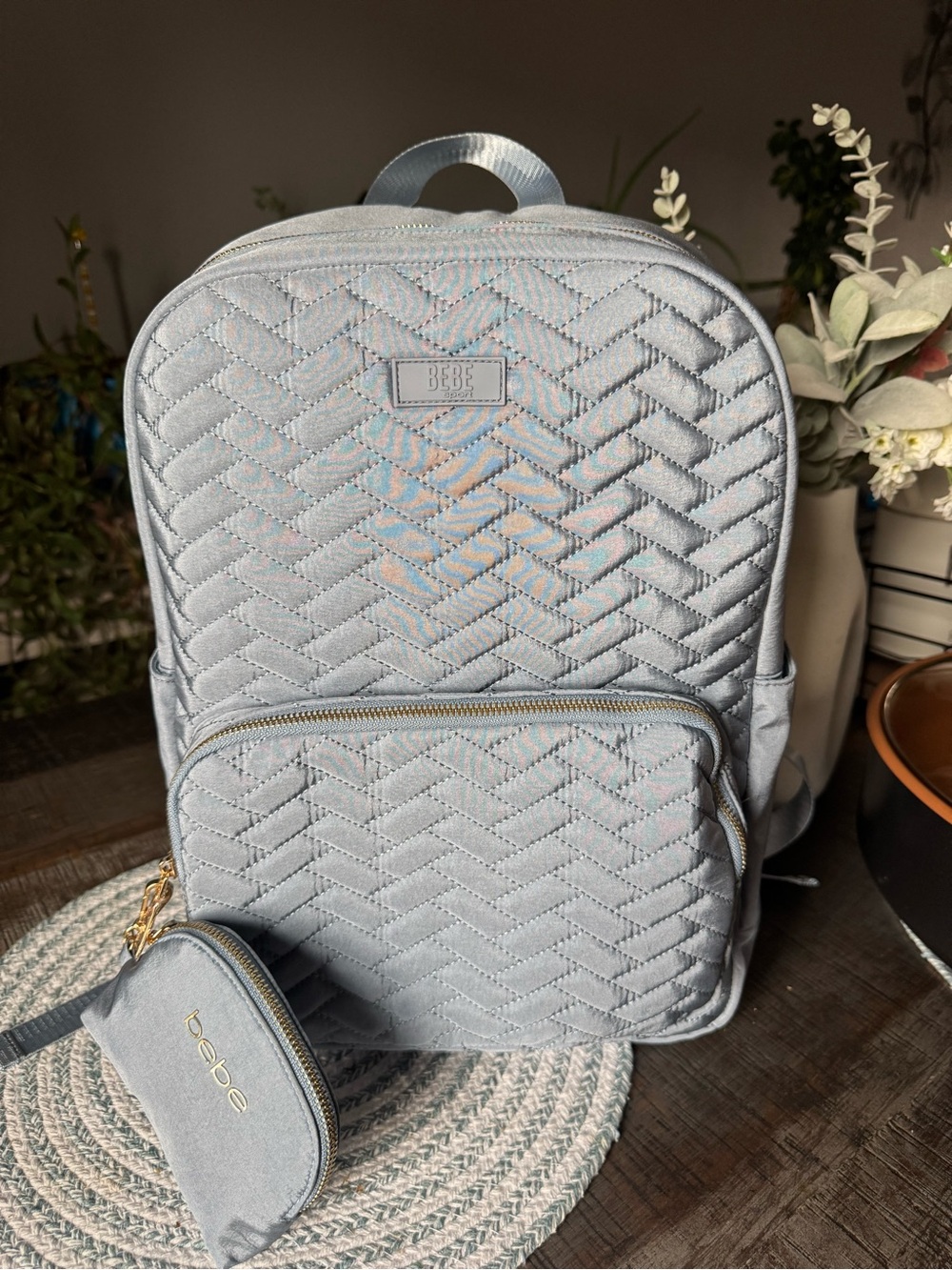bebe Quilted Light Blue Backpack with Matching Coin Pouch